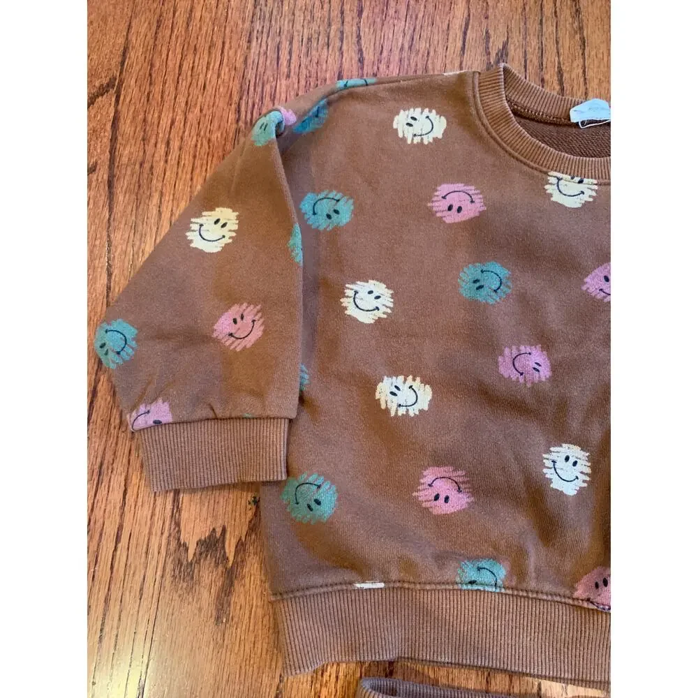 Smitn Bebe Scribble Happy Face Cotton Matching Sweatsuit Set | Brown | Small